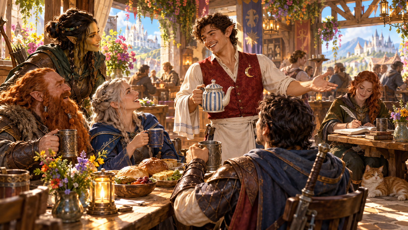 Innkeeper welcoming returning adventurers while a Dungeon Master records details