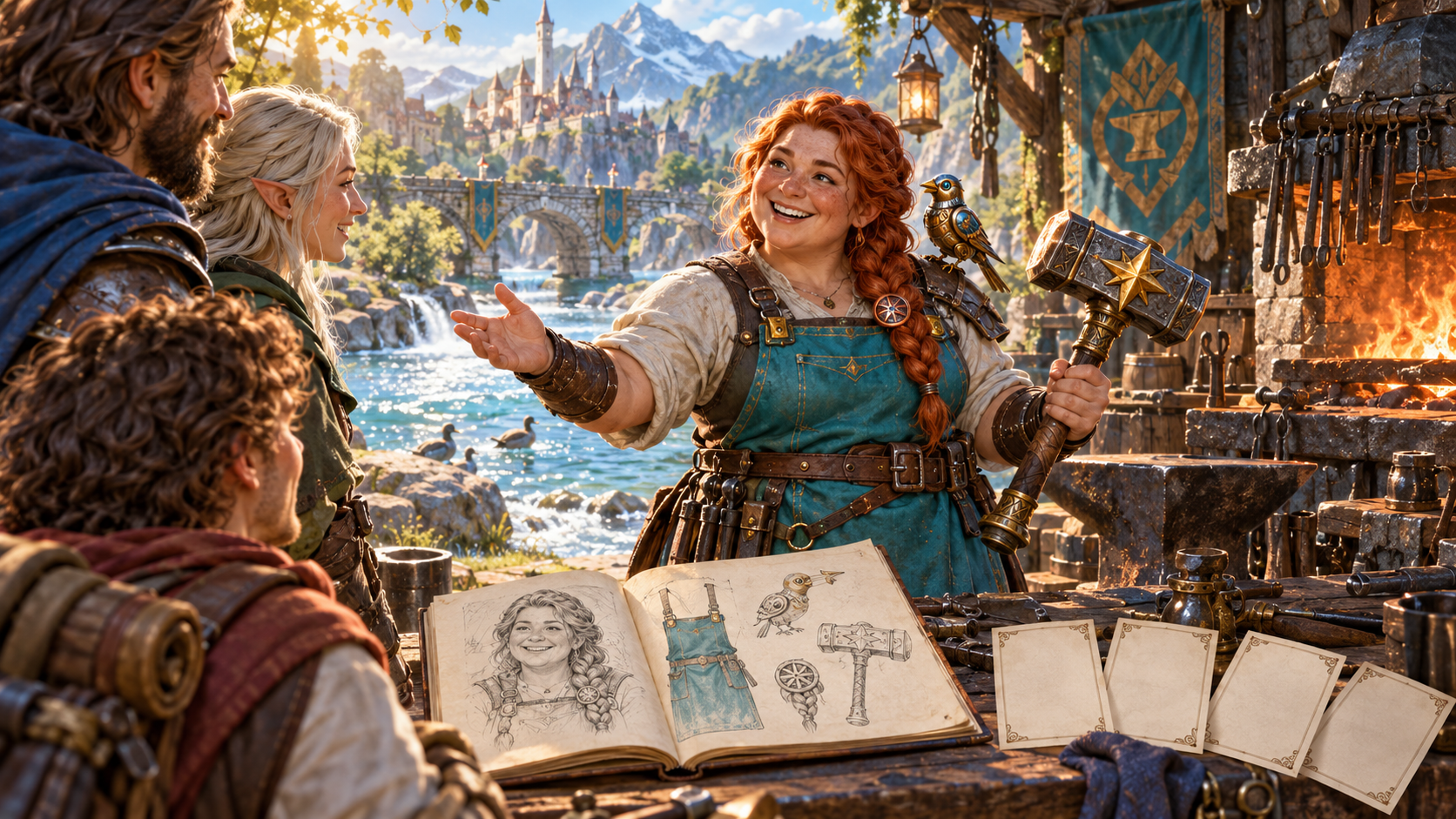 Forge worker greeting returning adventurers beside remembered sketches and blank cards