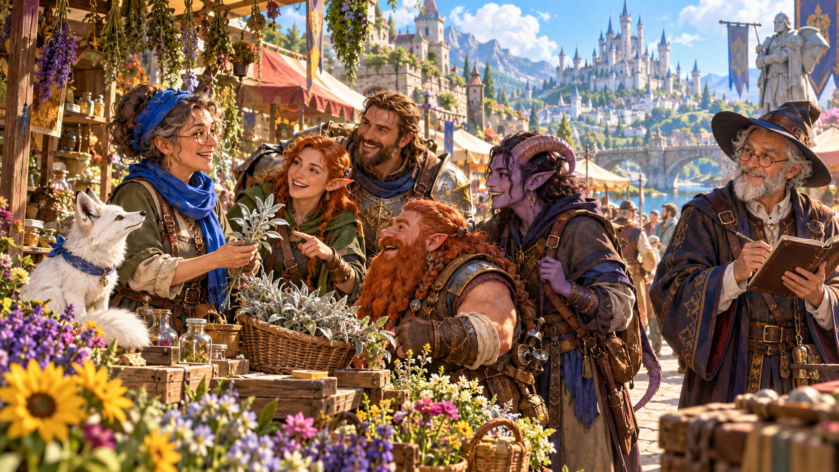 Party reconnecting with a blue-scarf herbalist at a market stall