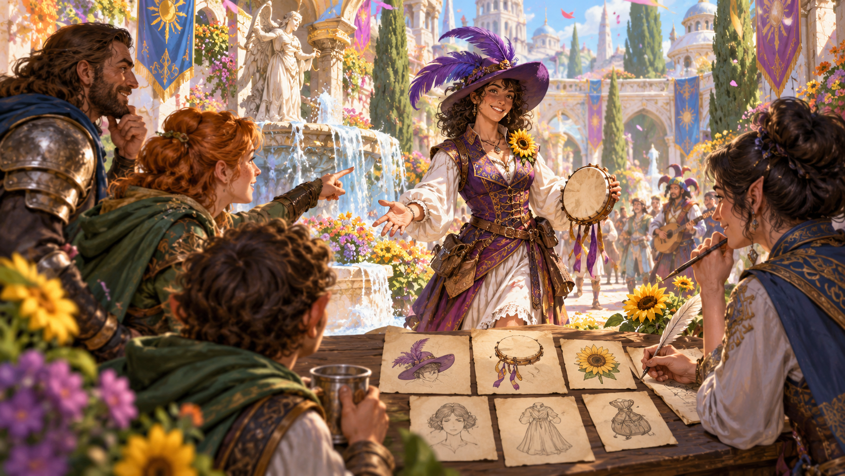 Festival performer beside illustrated memory cards and a new character sketch